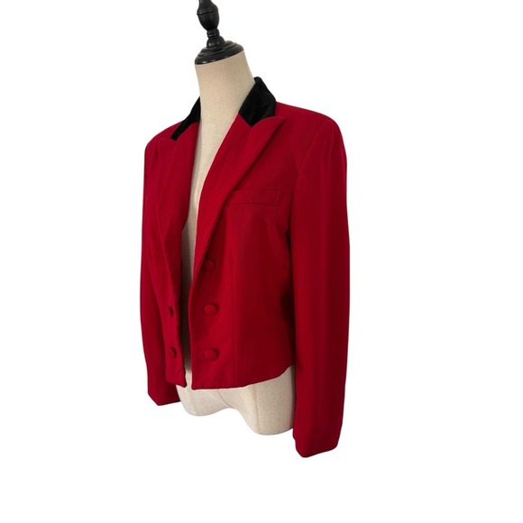 Vtg Lauren Ralph Lauren Red Cropped Blazer Open Front Petite Velvet Collar - Picture 3 of 10